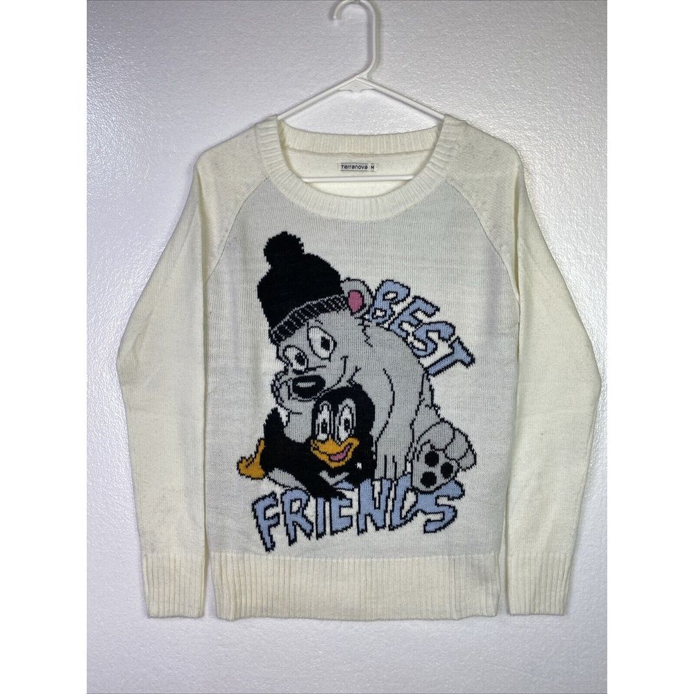 Terranova Knit‎ Sweater Best Friends Womens Sz M Pullover White Graphic Print